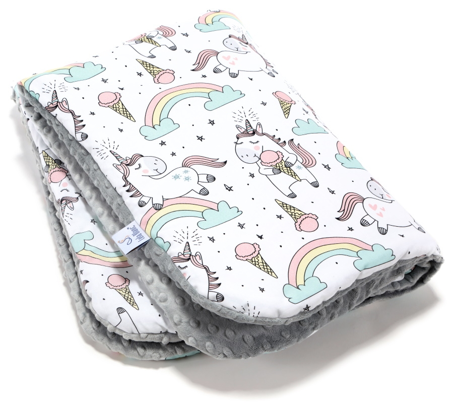 zestaw dla dziewczynki: kocyk niemowlęcy z poduszką, wzór My baby unicorn - jednorożec, lela blanc